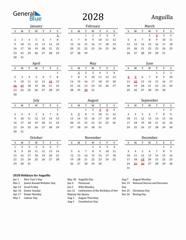 Anguilla Holidays Calendar for 2028
