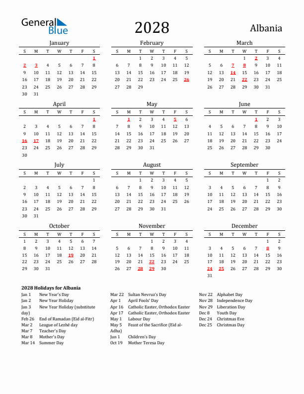 Albania Holidays Calendar for 2028