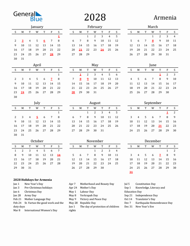 Armenia Holidays Calendar for 2028