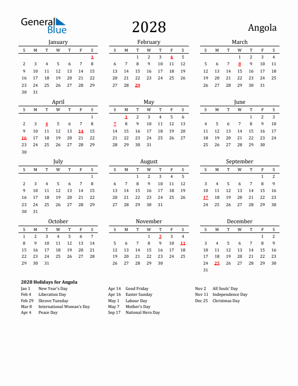 Angola Holidays Calendar for 2028