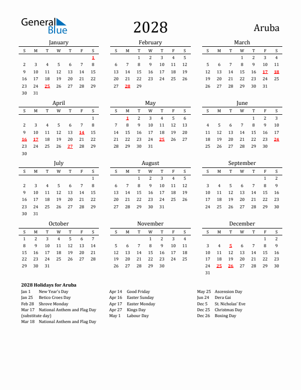 Aruba Holidays Calendar for 2028