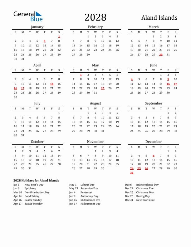 Aland Islands Holidays Calendar for 2028