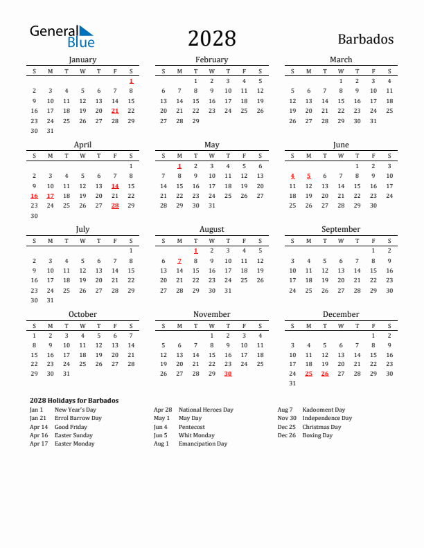 Barbados Holidays Calendar for 2028