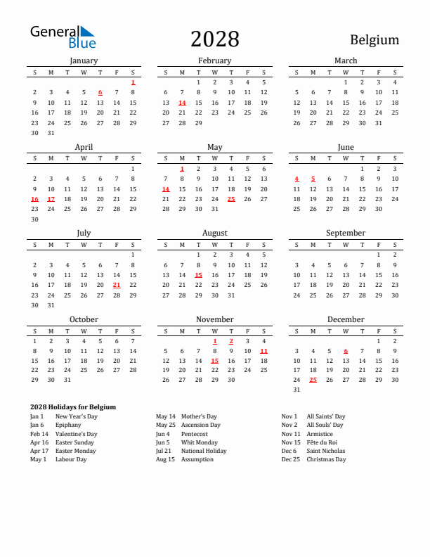 Belgium Holidays Calendar for 2028