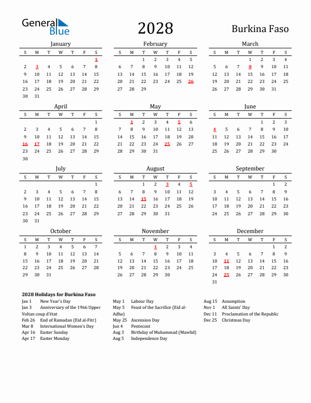 Burkina Faso Holidays Calendar for 2028