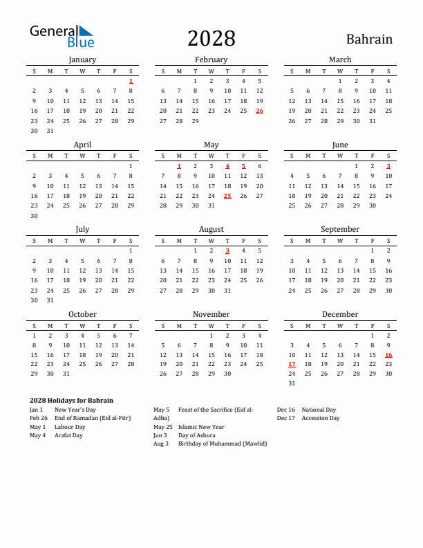 Bahrain Holidays Calendar for 2028