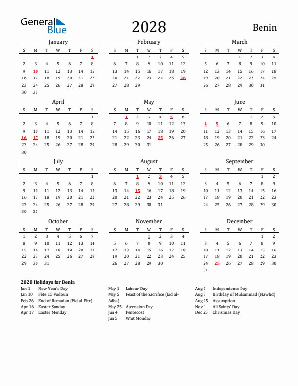 Benin Holidays Calendar for 2028