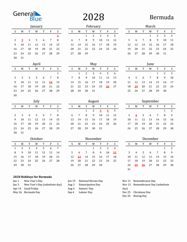 Bermuda Holidays Calendar for 2028