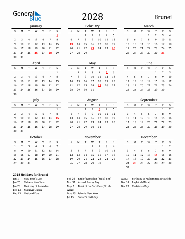 Brunei Holidays Calendar for 2028