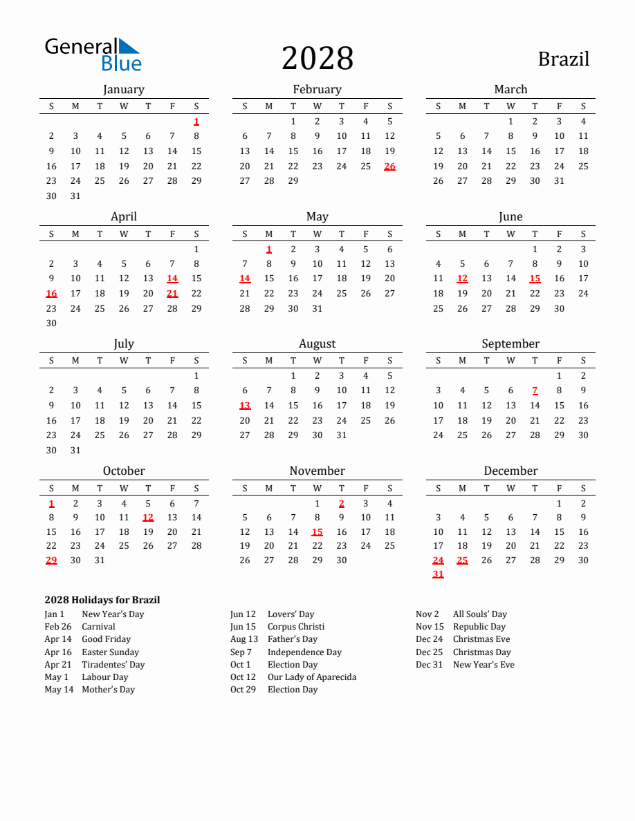 Free Brazil Holidays Calendar for Year 2028
