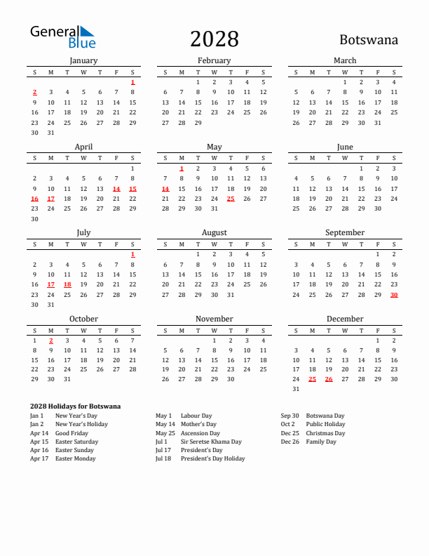 Botswana Holidays Calendar for 2028