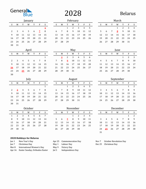 Belarus Holidays Calendar for 2028