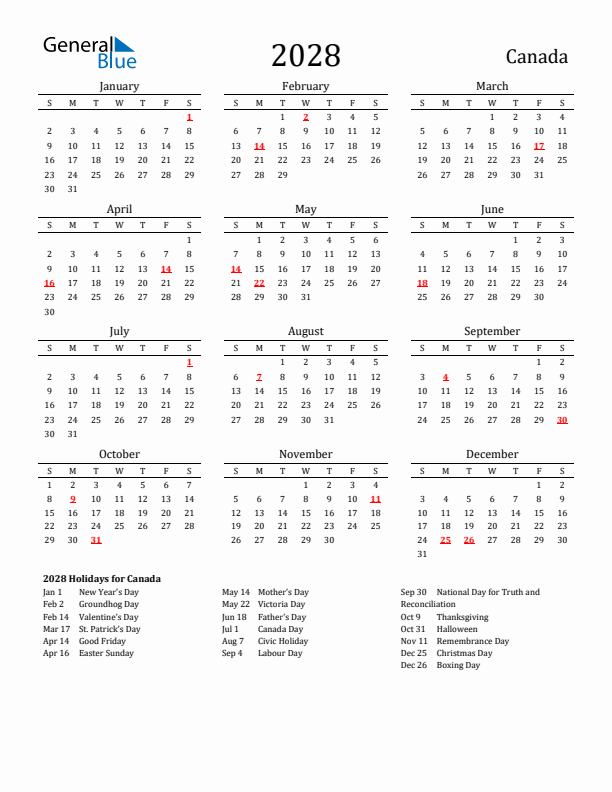 Canada Holidays Calendar for 2028