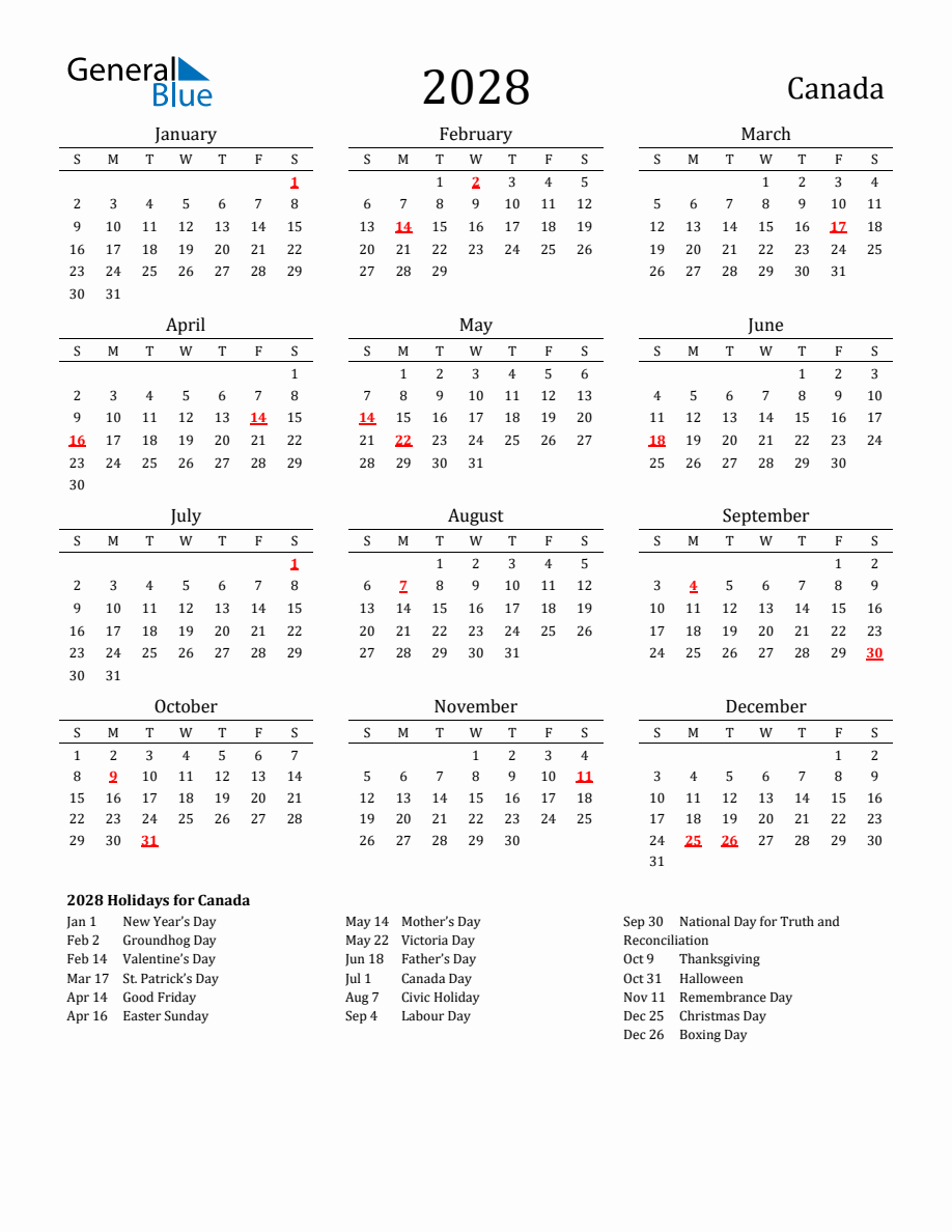 Free Canada Holidays Calendar for Year 2028