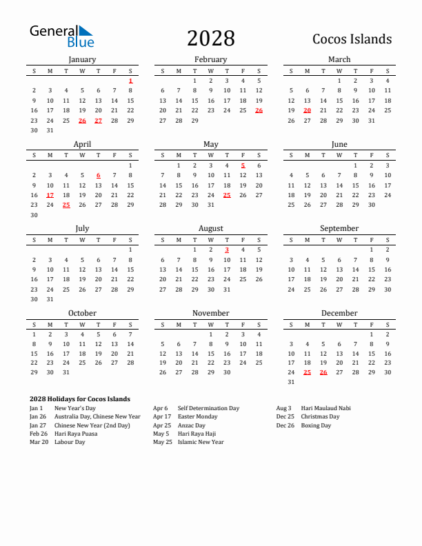Cocos Islands Holidays Calendar for 2028