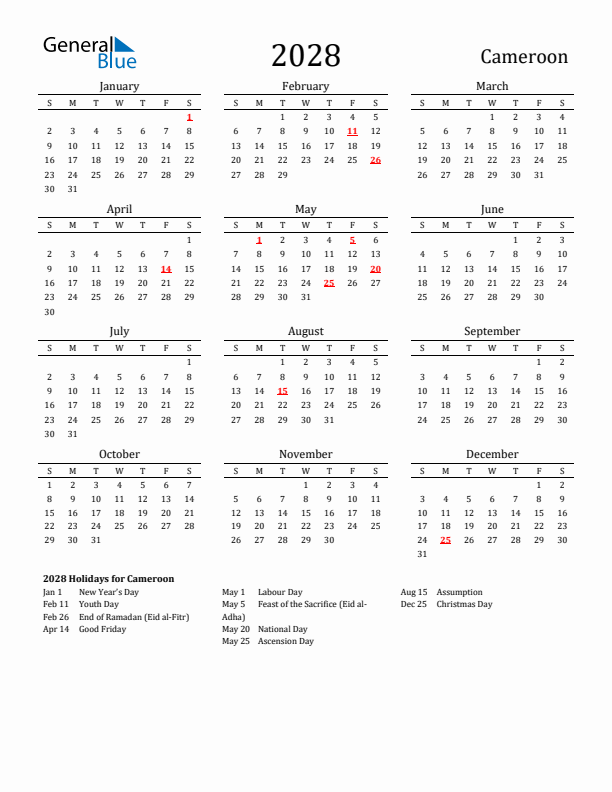 Cameroon Holidays Calendar for 2028