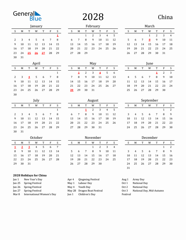 China Holidays Calendar for 2028