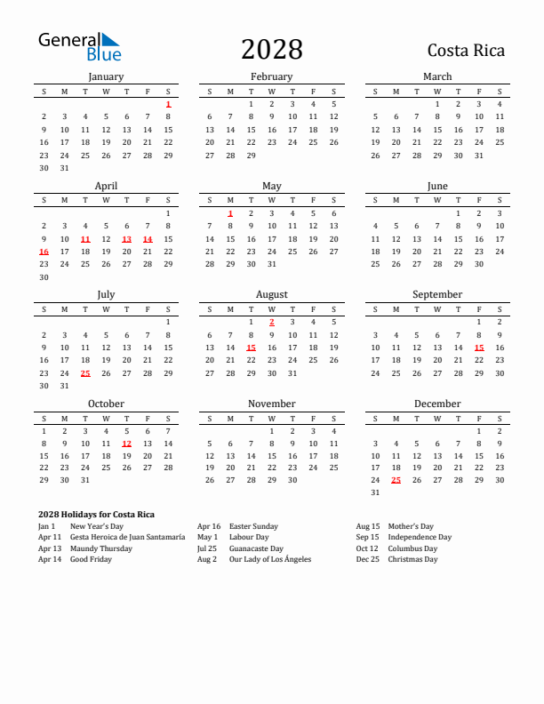 Costa Rica Holidays Calendar for 2028