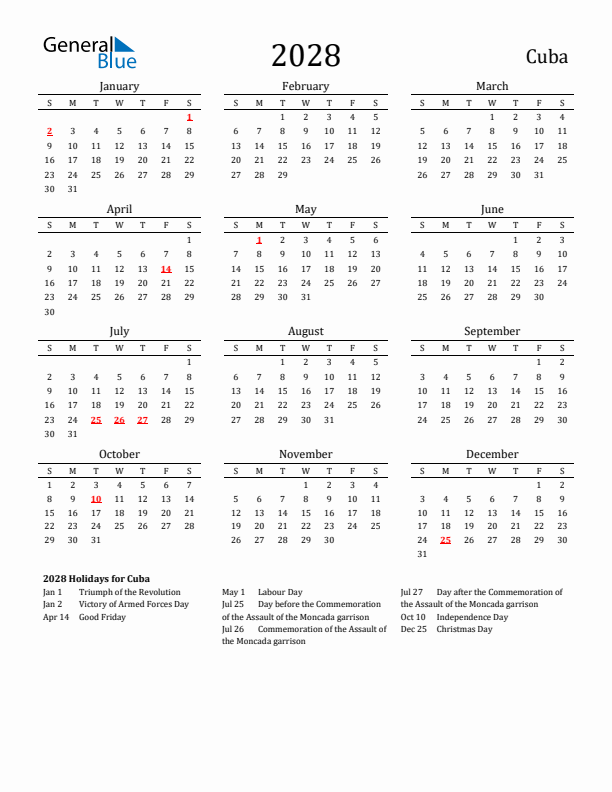 Cuba Holidays Calendar for 2028