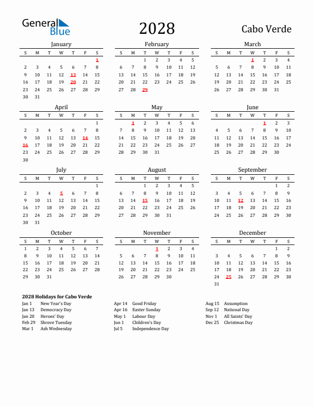 Cabo Verde Holidays Calendar for 2028