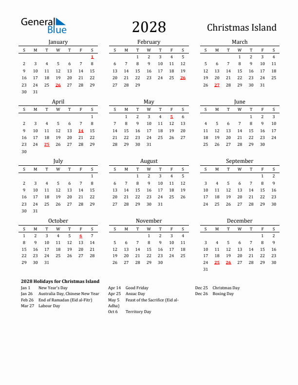 Christmas Island Holidays Calendar for 2028