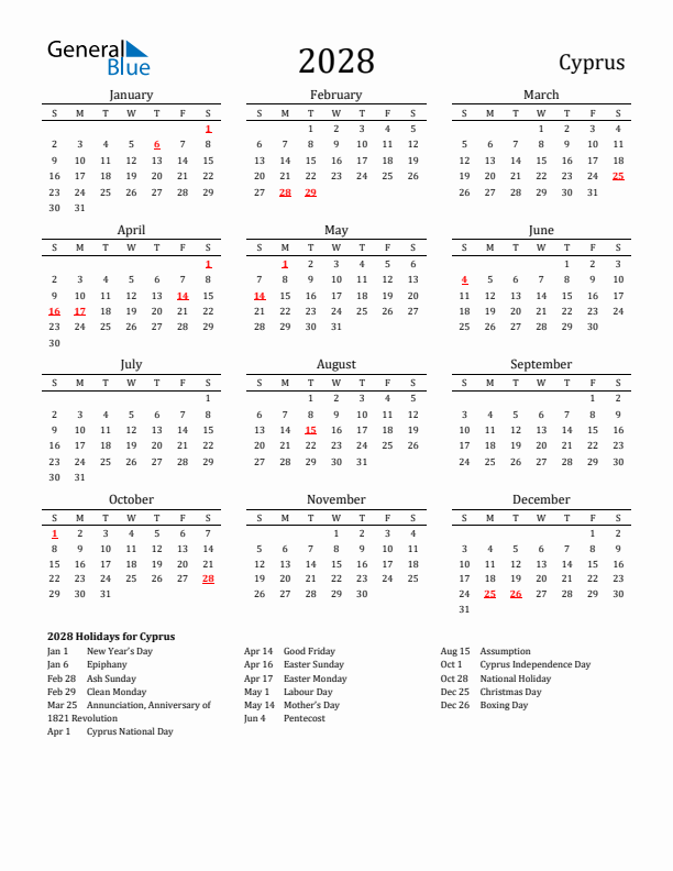 Cyprus Holidays Calendar for 2028
