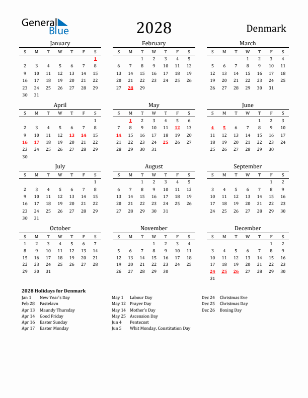 Denmark Holidays Calendar for 2028