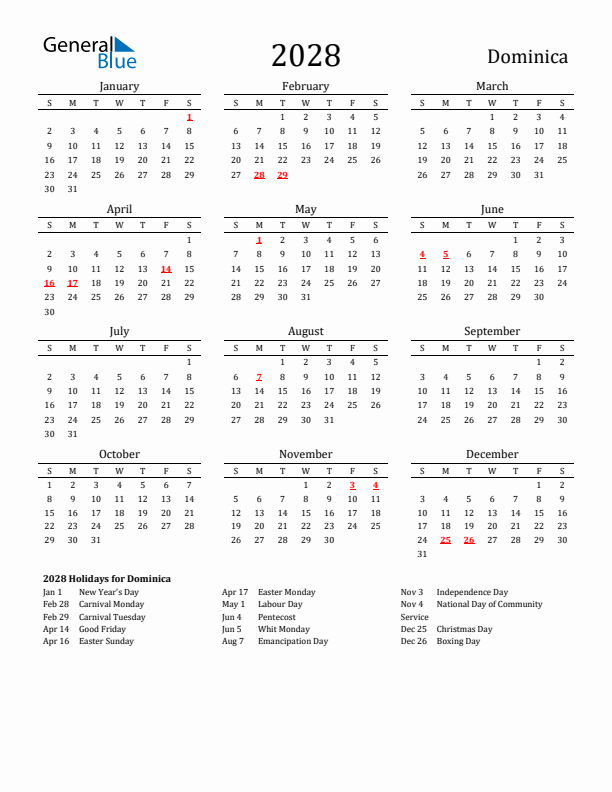 Dominica Holidays Calendar for 2028