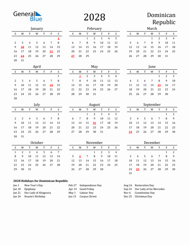 Dominican Republic Holidays Calendar for 2028