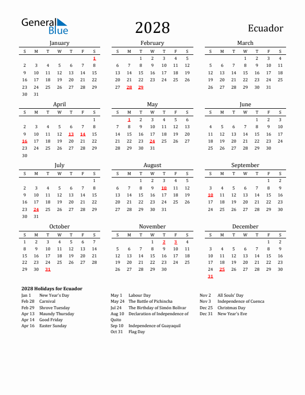 Ecuador Holidays Calendar for 2028