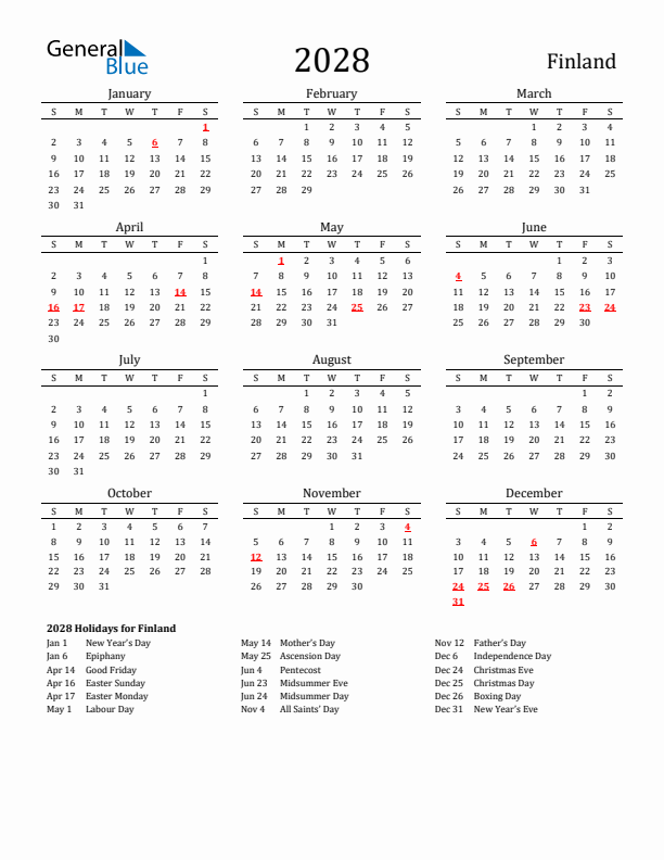 Finland Holidays Calendar for 2028