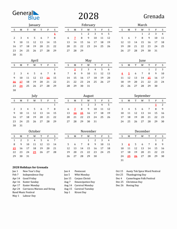 Grenada Holidays Calendar for 2028