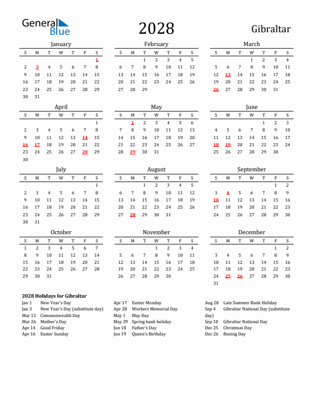 Gibraltar Holidays Calendar for 2028