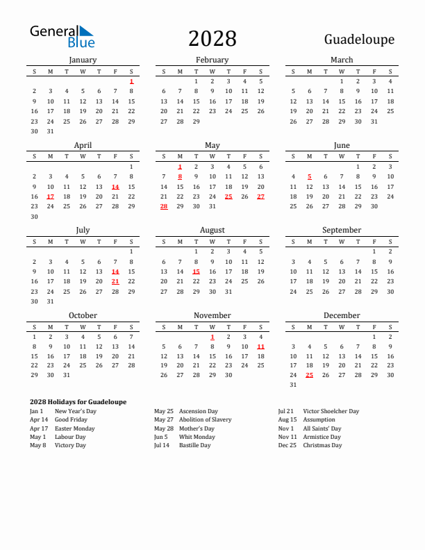 Guadeloupe Holidays Calendar for 2028