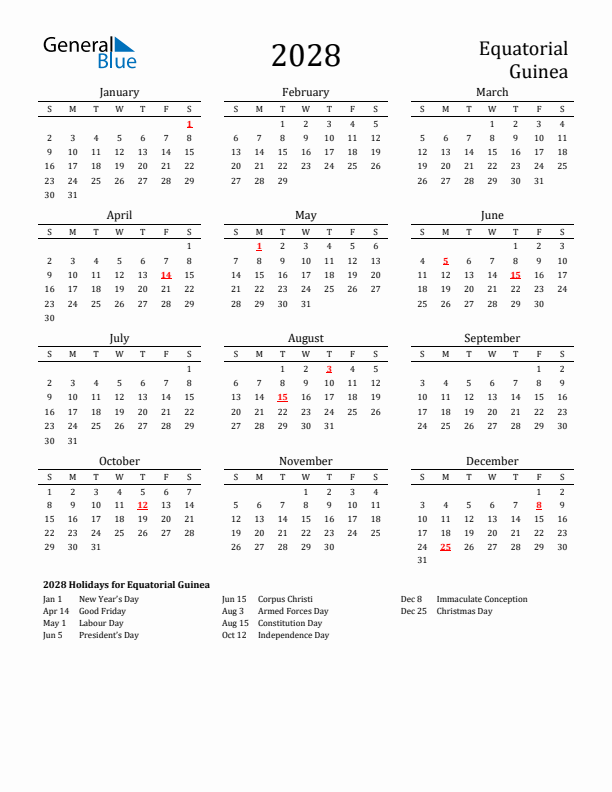 Equatorial Guinea Holidays Calendar for 2028
