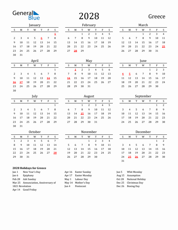 Greece Holidays Calendar for 2028