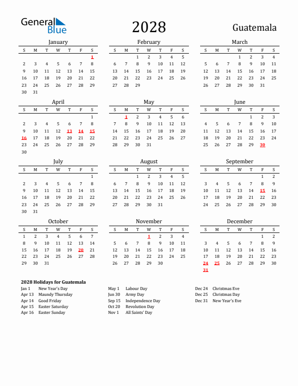 Guatemala Holidays Calendar for 2028