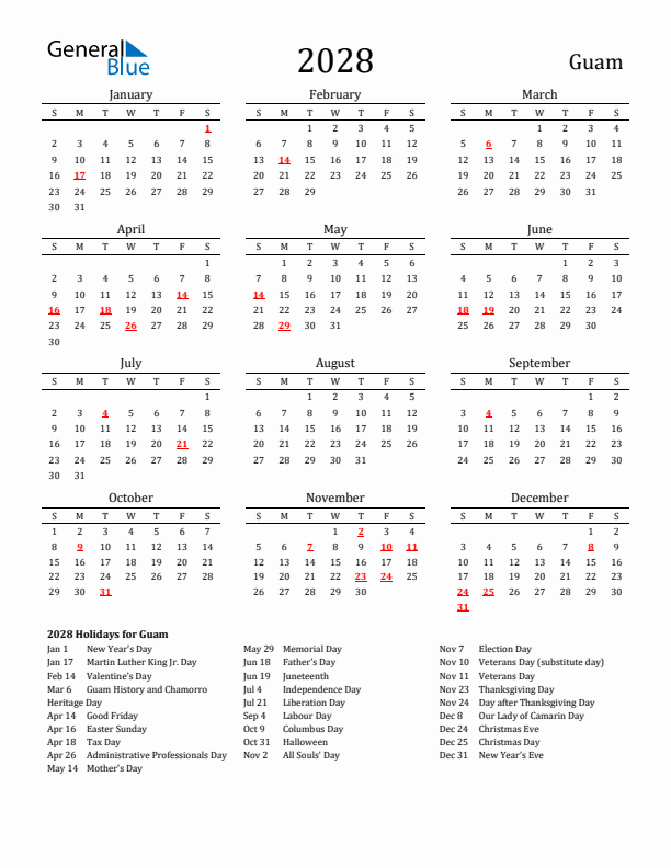Guam Holidays Calendar for 2028