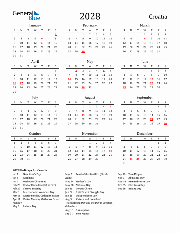 Croatia Holidays Calendar for 2028