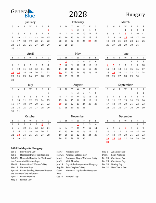 Hungary Holidays Calendar for 2028