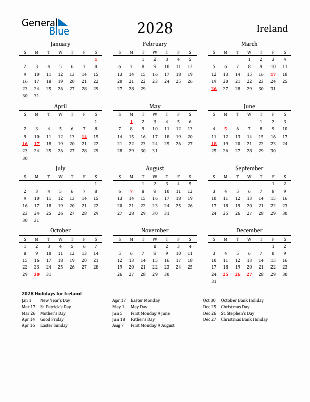 Ireland Holidays Calendar for 2028