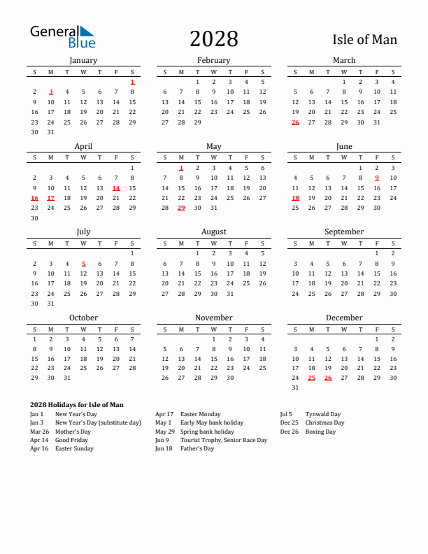 Isle of Man Holidays Calendar for 2028
