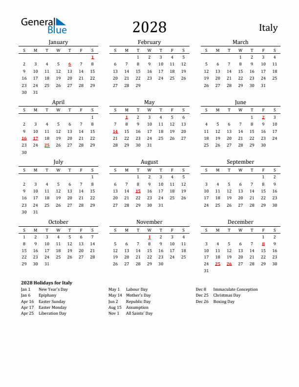 Italy Holidays Calendar for 2028