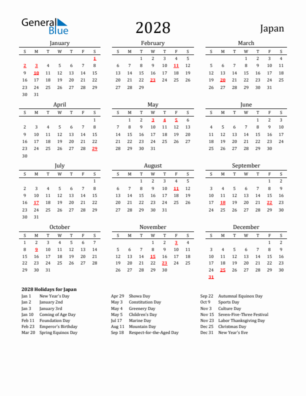 Japan Holidays Calendar for 2028
