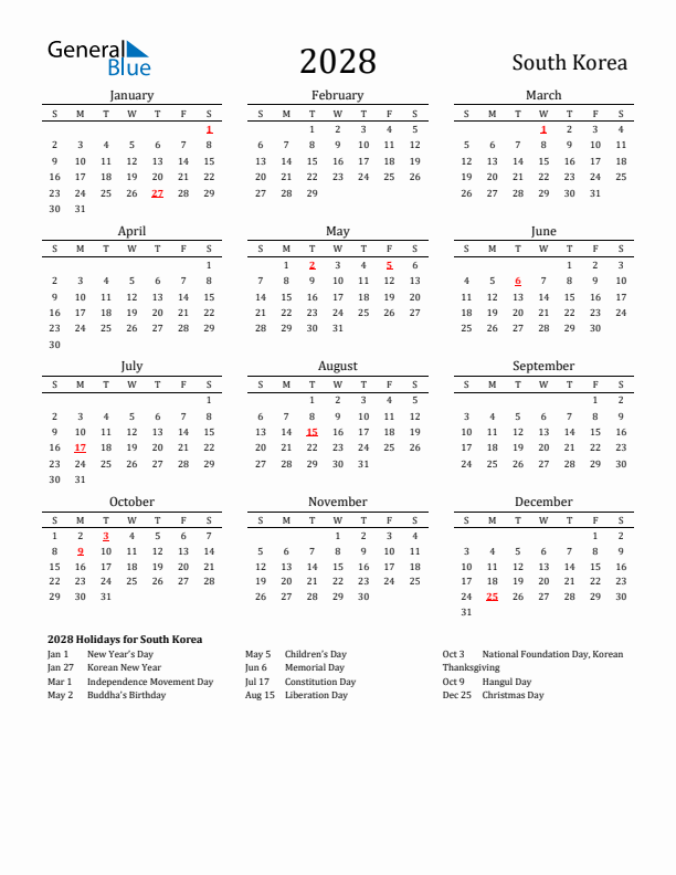 South Korea Holidays Calendar for 2028