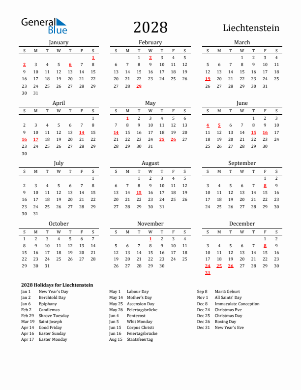 Liechtenstein Holidays Calendar for 2028