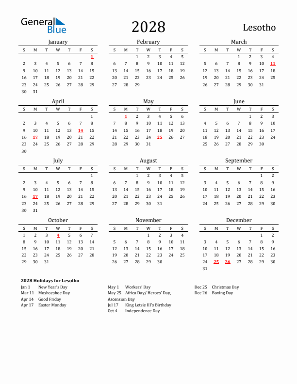 Lesotho Holidays Calendar for 2028