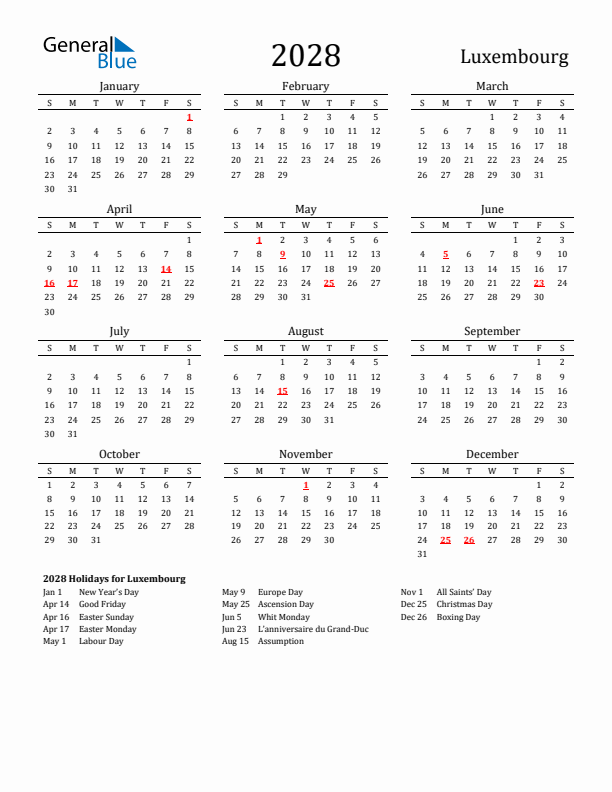 Luxembourg Holidays Calendar for 2028