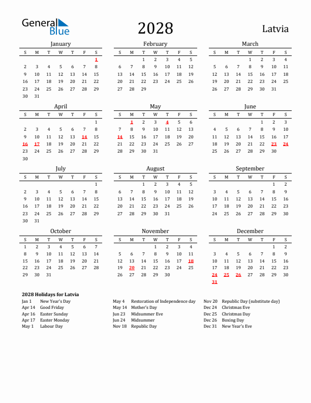 Latvia Holidays Calendar for 2028