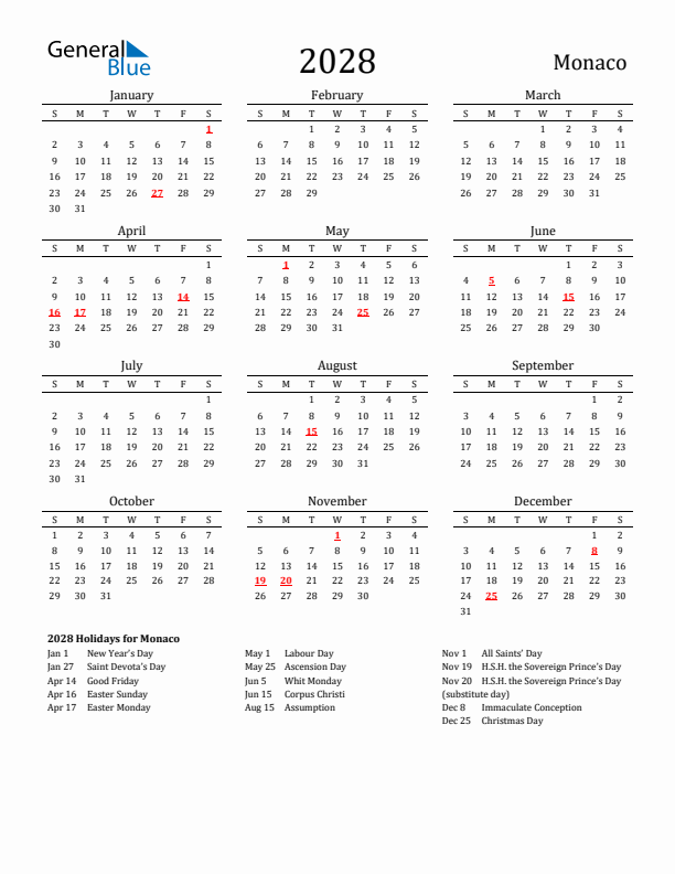 Monaco Holidays Calendar for 2028